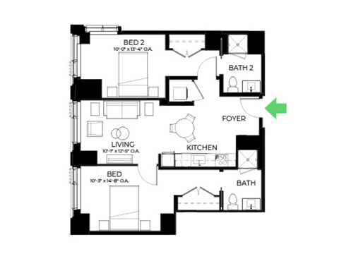 Floor plan for 2 beds, 2 baths, 906 sqft